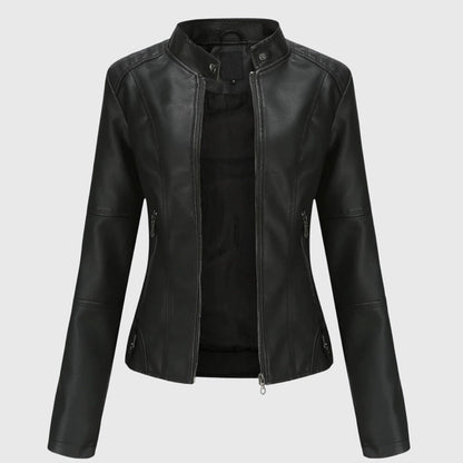Elegant Leather Jacket for Women with Stand Collar Zip Front Fitted Style