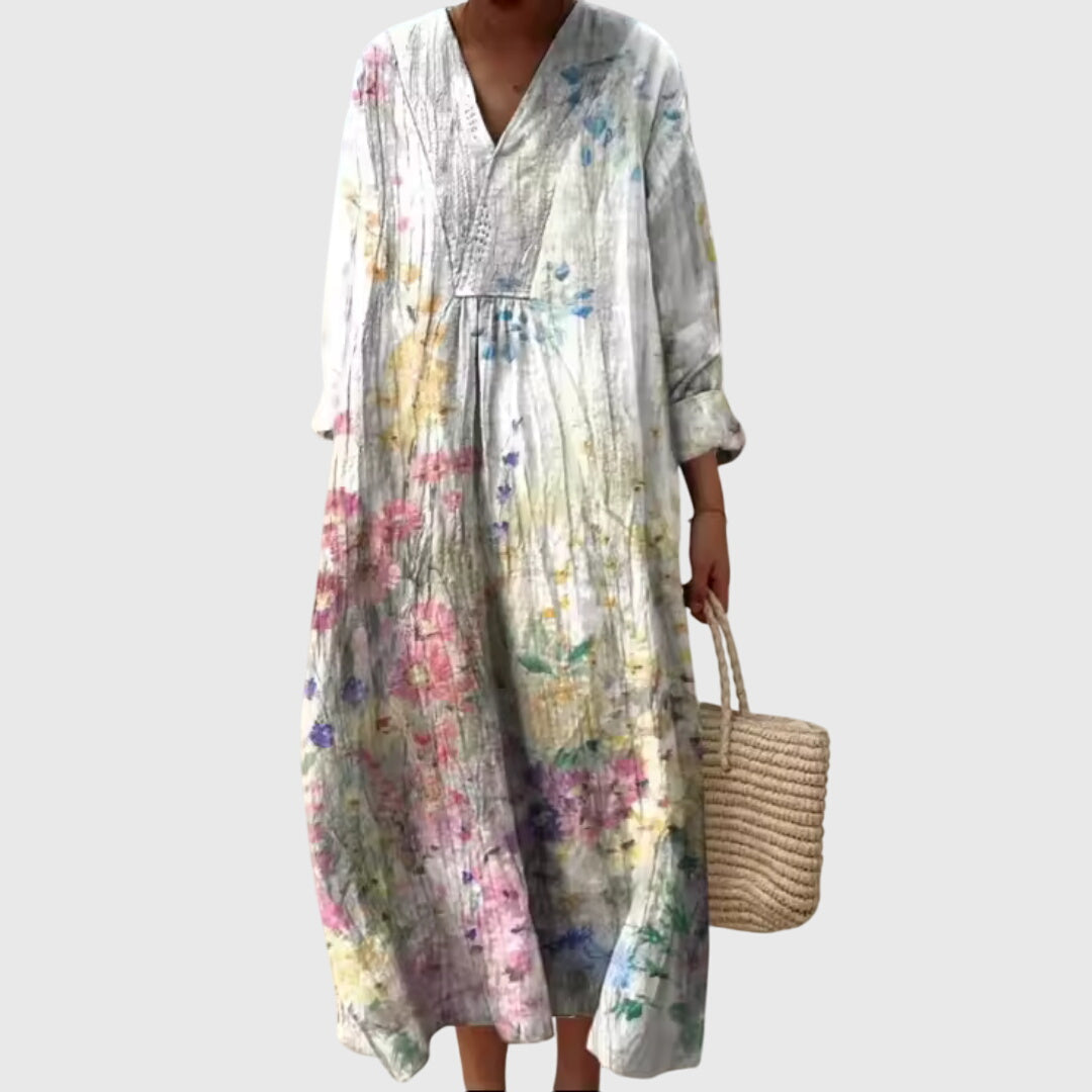 Effortless Colorblock Print Maxi Dress for Women with V-Neck Long Sleeve Casual Loose Style
