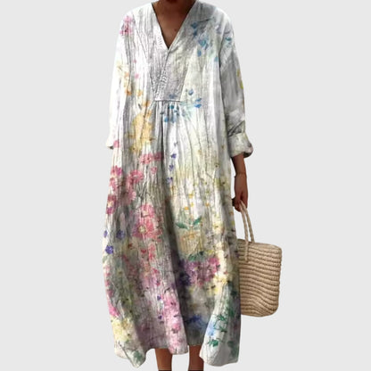 Effortless Colorblock Print Maxi Dress for Women with V-Neck Long Sleeve Casual Loose Style