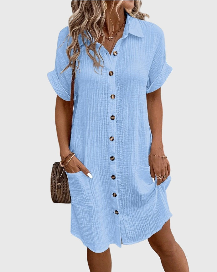 Comfortable Linen Shirt Dress for Women with Collared Button Down Short Sleeve Casual Mini Style
