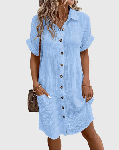 Comfortable Linen Shirt Dress for Women with Collared Button Down Short Sleeve Casual Mini Style