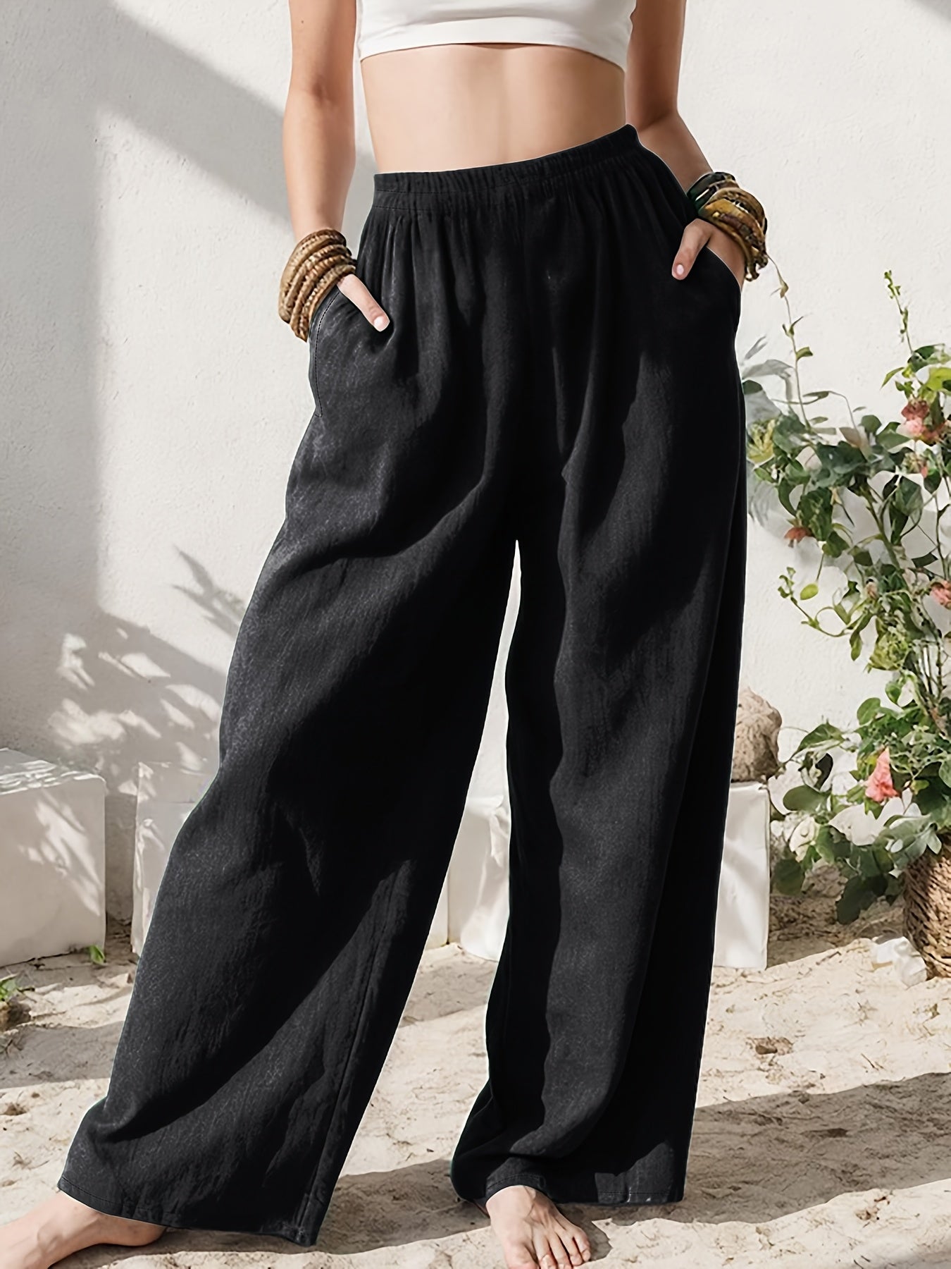 Stylish Wide Leg Linen Pants for Women with High Waist Relaxed Pocket Detail