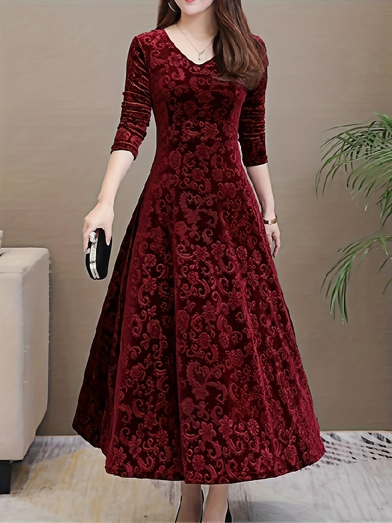 Effortless Midi Dress for Women with V Neck Long Sleeve