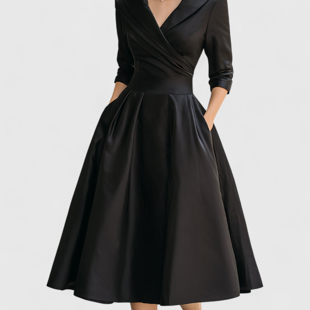 Elegant Satin Midi Dress for Women with Wrap V-Neck Three Quarter Sleeve Formal Wedding Guest Style