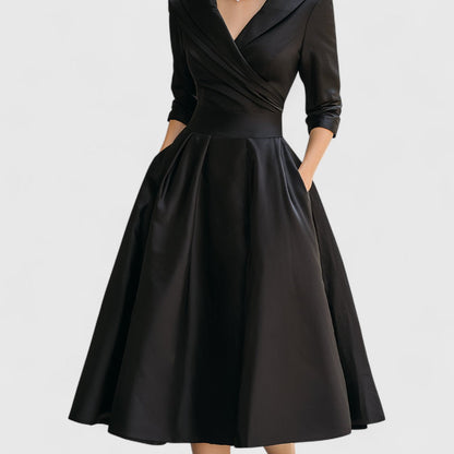 Elegant Satin Midi Dress for Women with Wrap V-Neck Three Quarter Sleeve Formal Wedding Guest Style