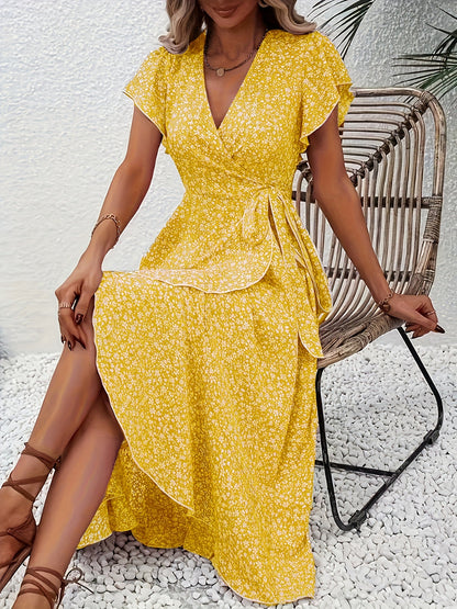 Effortless Floral Wrap Mini Dress for Women with V Neck