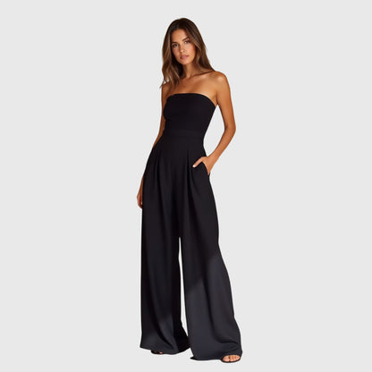 Elegant Strapless Jumpsuit for Women with Wide Leg Pleated Front Pocket Casual Formal Style