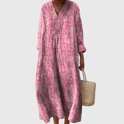Effortless Colorblock Print Maxi Dress for Women with V-Neck Long Sleeve Casual Loose Style