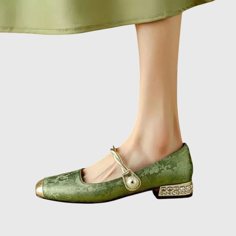 Elegant Mary Jane Shoes for Women with Round Toe Rhinestone Heel Jacquard Fabric Flat Slip On Style