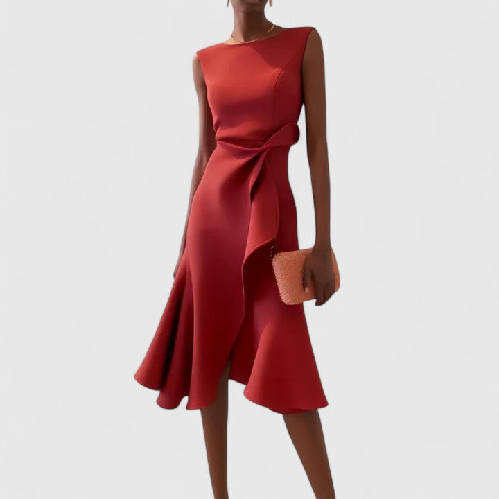 Elegant Sleeveless Midi Dress for Women with Asymmetric Ruffle Hem Formal Wedding Guest Style