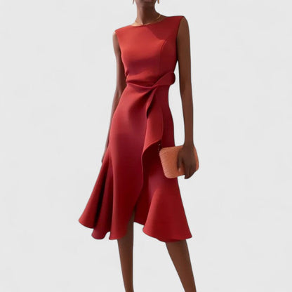 Elegant Sleeveless Midi Dress for Women with Asymmetric Ruffle Hem Formal Wedding Guest Style