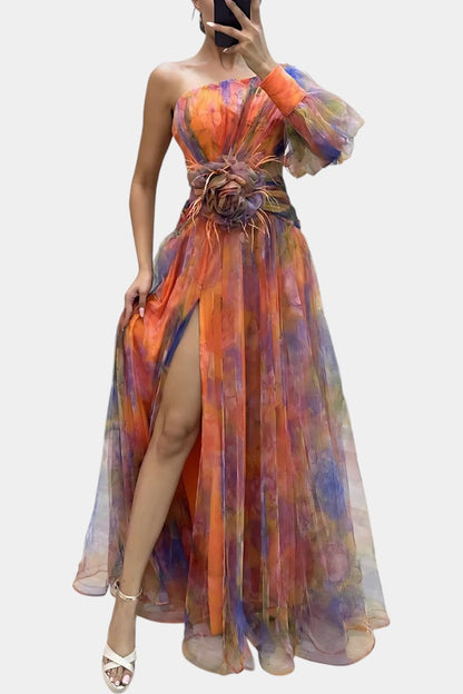 Elegant Abstract Print Maxi Dress for Women with One Shoulder Puff Sleeve Floral Waist Formal Style