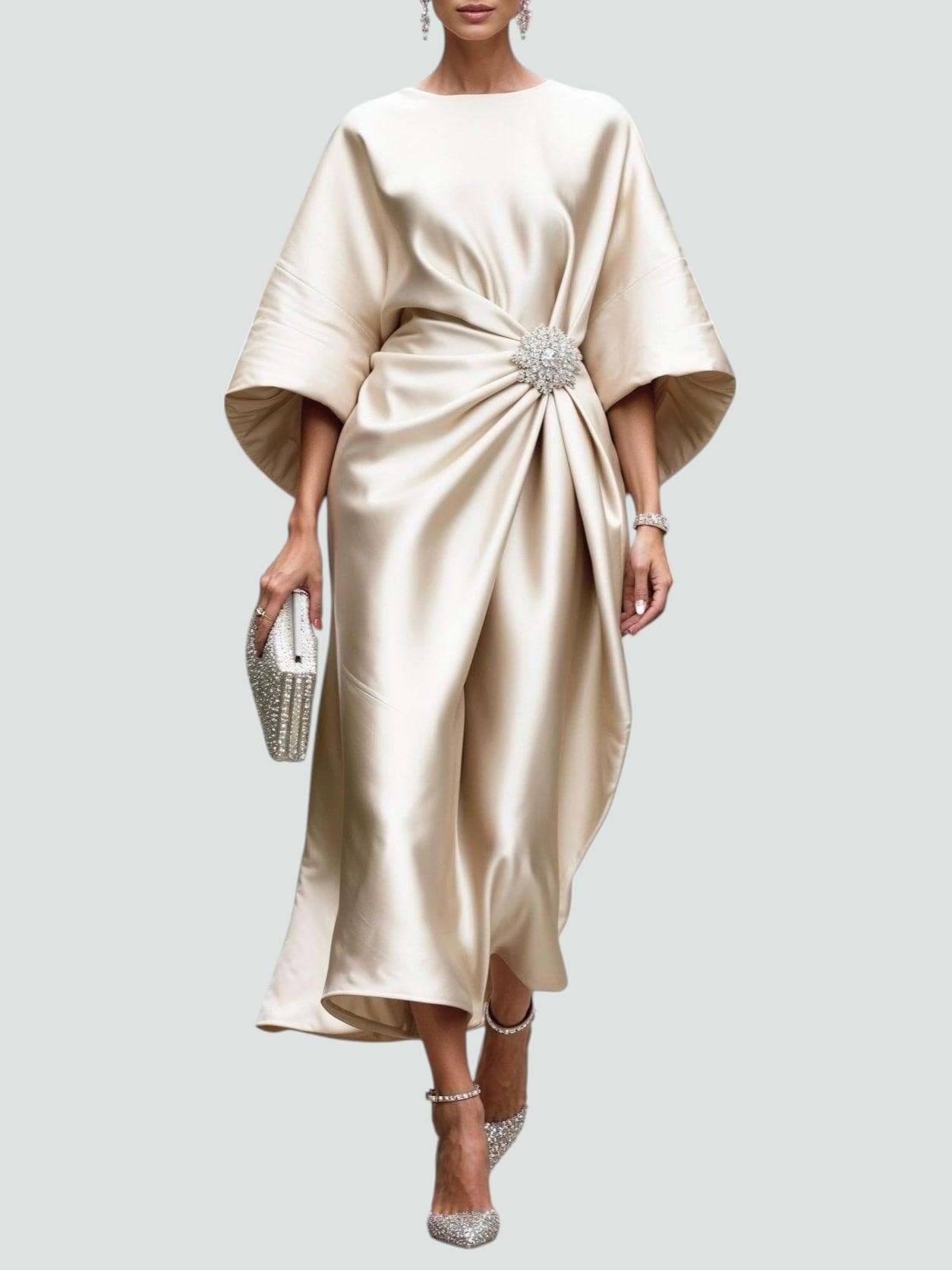 Elegant Satin Maxi Dress for Women with Batwing Sleeve Brooch Waist Formal Wedding Guest Style