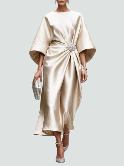 Elegant Satin Maxi Dress for Women with Batwing Sleeve Brooch Waist Formal Wedding Guest Style
