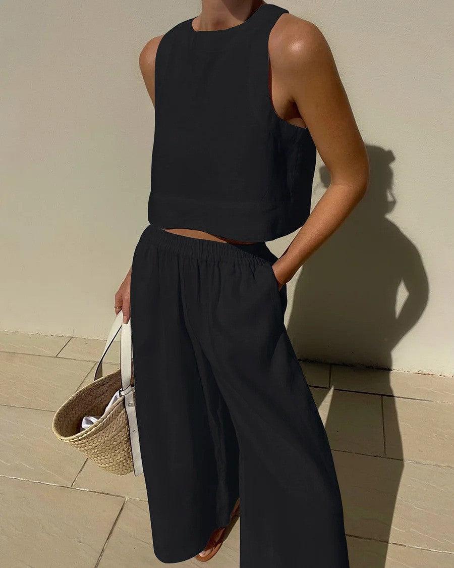 Effortless Two Piece Set for Women with Sleeveless Crop Tank Top Wide Leg Shorts Casual Summer Style
