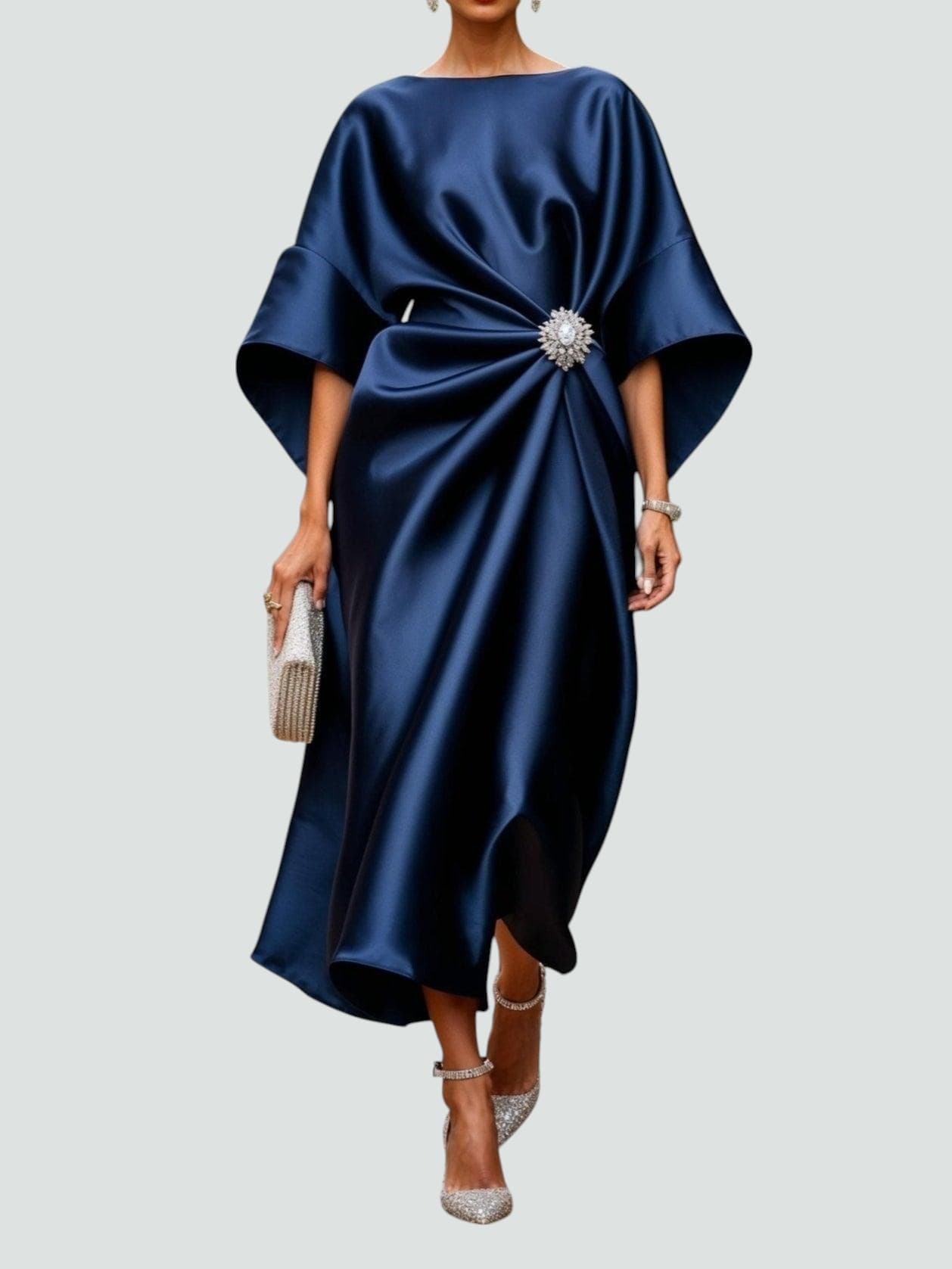 Elegant Satin Maxi Dress for Women with Batwing Sleeve Brooch Waist Formal Wedding Guest Style