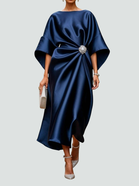 Elegant Satin Maxi Dress for Women with Batwing Sleeve Brooch Waist Formal Wedding Guest Style