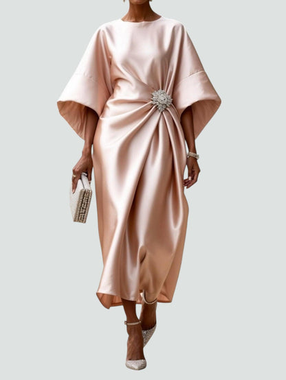 Elegant Satin Maxi Dress for Women with Batwing Sleeve Brooch Waist Formal Wedding Guest Style