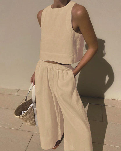 Effortless Two Piece Set for Women with Sleeveless Crop Tank Top Wide Leg Shorts Casual Summer Style