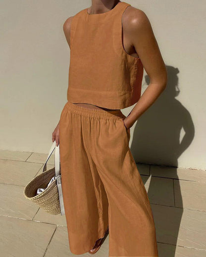 Effortless Two Piece Set for Women with Sleeveless Crop Tank Top Wide Leg Shorts Casual Summer Style