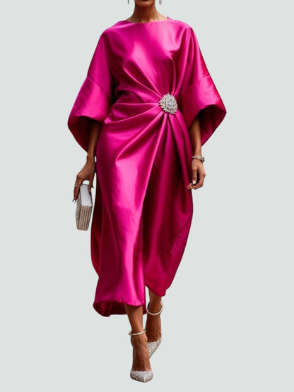 Elegant Satin Maxi Dress for Women with Batwing Sleeve Brooch Waist Formal Wedding Guest Style