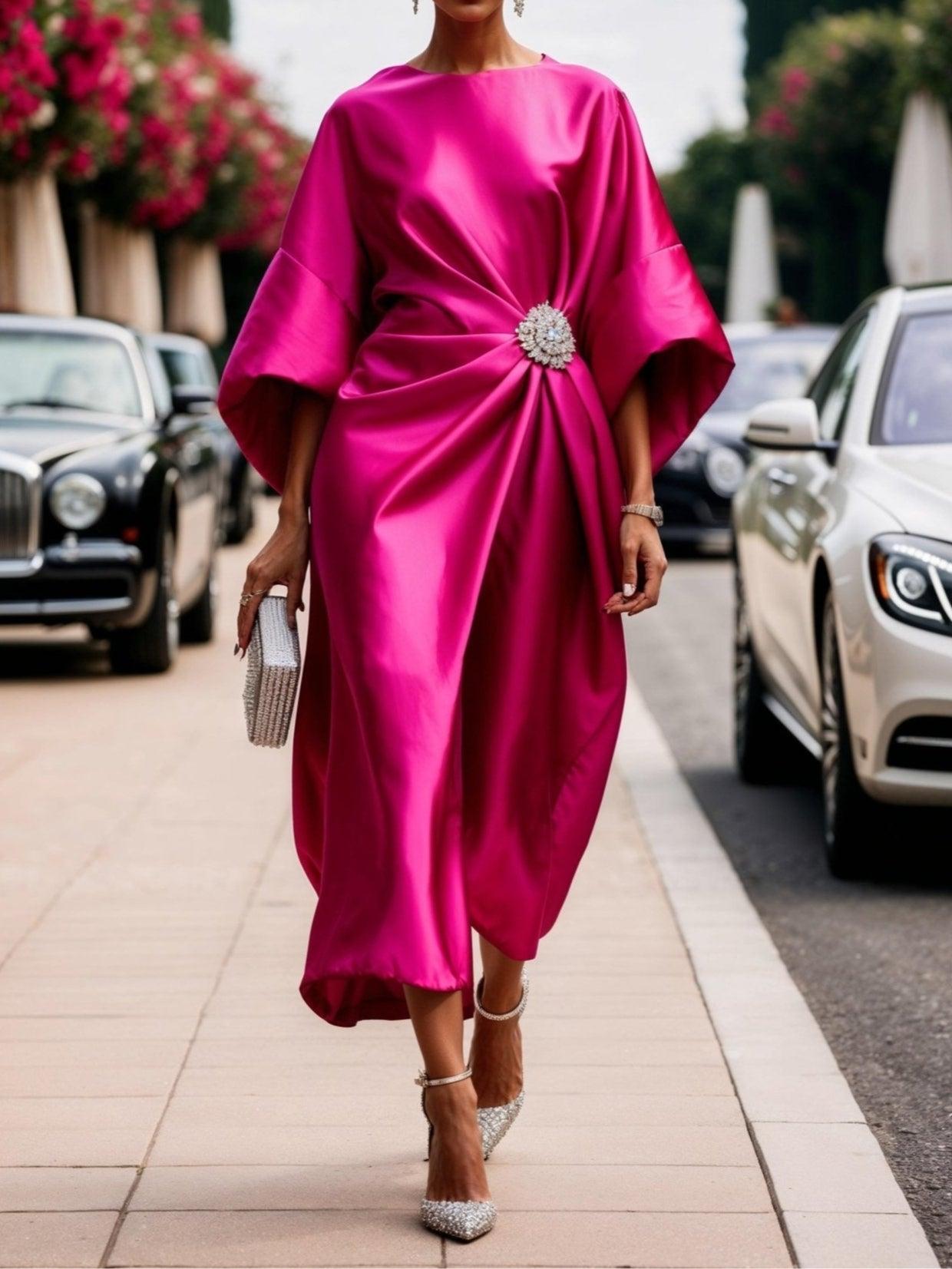 Elegant Satin Maxi Dress for Women with Batwing Sleeve Brooch Waist Formal Wedding Guest Style