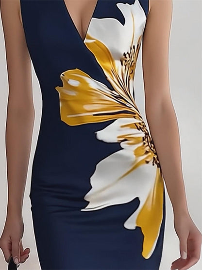 Elegant Midi Dress for Women with Oversized Floral Print V-Neck Sleeveless Bodycon Formal Party Style