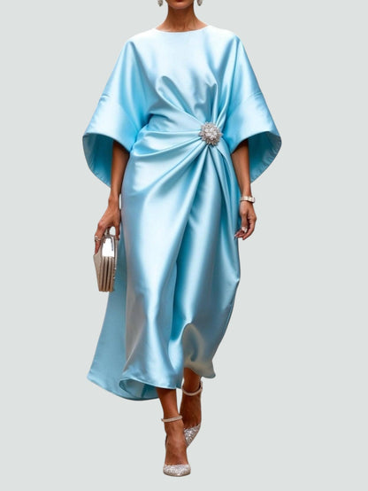 Elegant Satin Maxi Dress for Women with Batwing Sleeve Brooch Waist Formal Wedding Guest Style