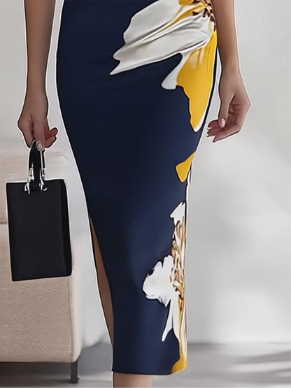 Elegant Midi Dress for Women with Oversized Floral Print V-Neck Sleeveless Bodycon Formal Party Style