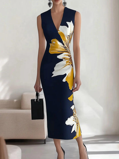 Elegant Midi Dress for Women with Oversized Floral Print V-Neck Sleeveless Bodycon Formal Party Style