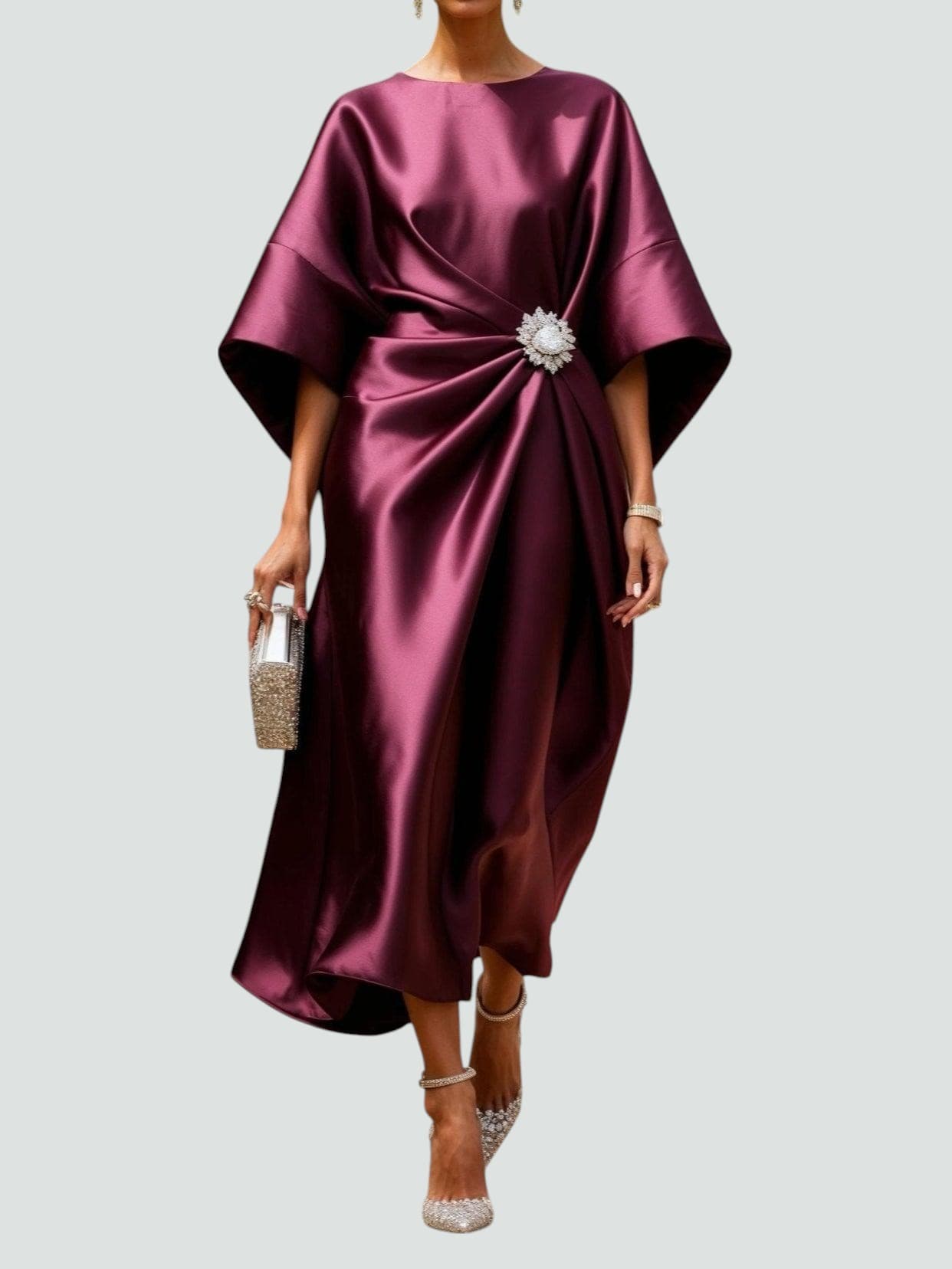 Elegant Satin Maxi Dress for Women with Batwing Sleeve Brooch Waist Formal Wedding Guest Style