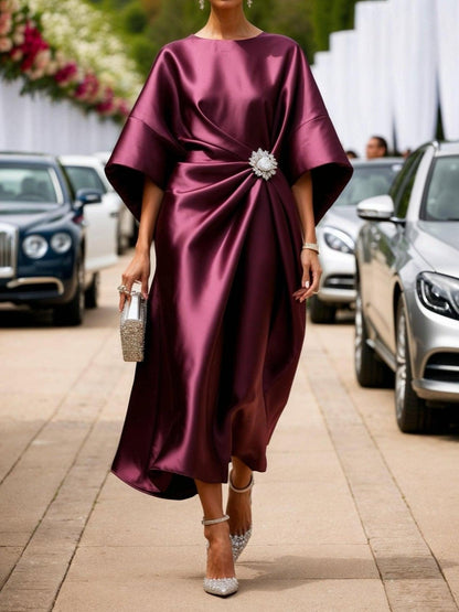 Elegant Satin Maxi Dress for Women with Batwing Sleeve Brooch Waist Formal Wedding Guest Style