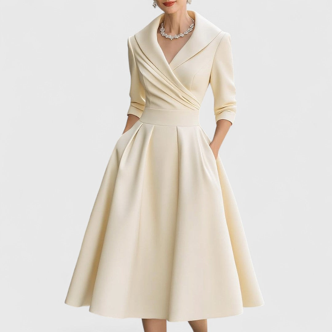 Elegant Satin Midi Dress for Women with Wrap V-Neck Three Quarter Sleeve Formal Wedding Guest Style