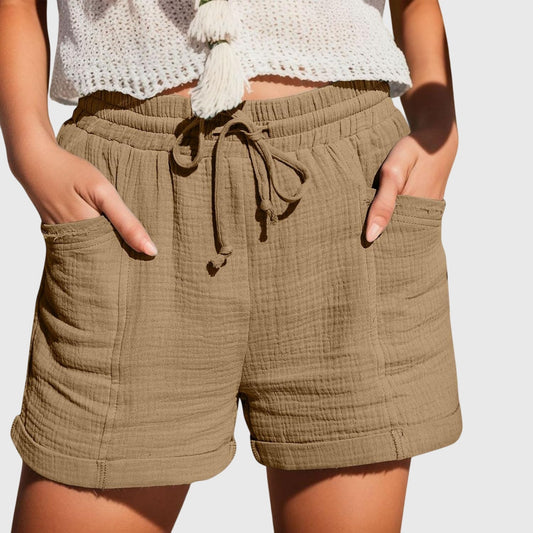 Effortless Cotton Shorts for Women with Drawstring Waist Cuffed Hem Deep Pocket Casual Style