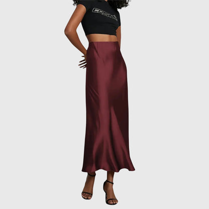 Elegant Satin Midi Skirt for Women with High Waist Fitted Slip Bias Cut Semi Formal Style