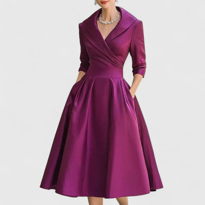 Elegant Satin Midi Dress for Women with Wrap V-Neck Three Quarter Sleeve Formal Wedding Guest Style