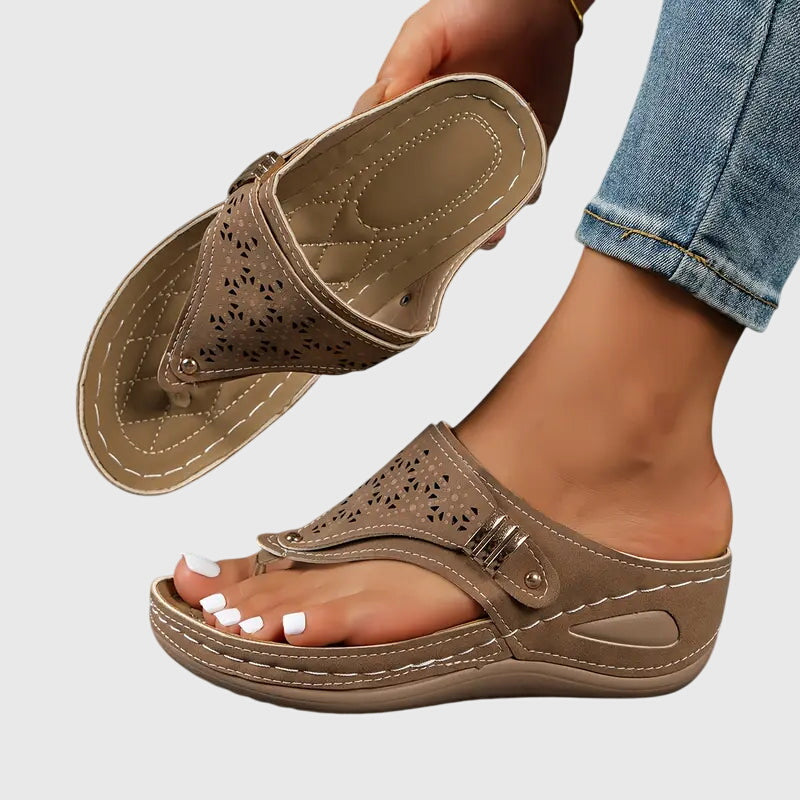 Comfortable Sandals for Women with Toe Loop Laser Cut Wedge Heel Buckle Strap Orthopedic Flip Flop Style