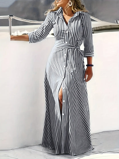 Effortless Striped Maxi Dress for Women with Collared Belted