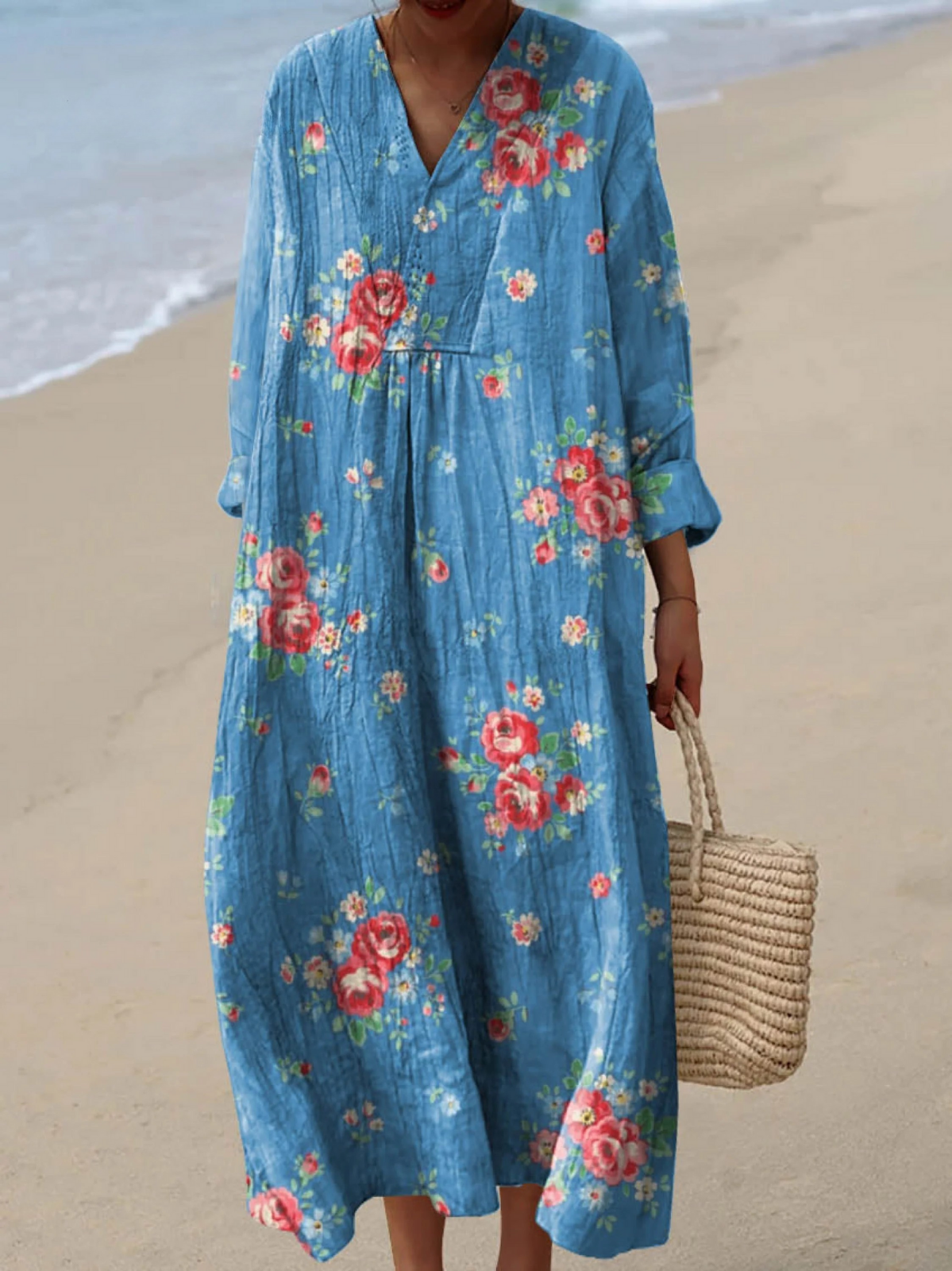 Stylish Blue Floral Dress for Women with Long Sleeve Vintage