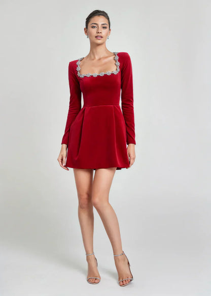 Stylish Velvet Mini Dress for Women with Square Neck