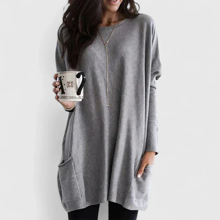 Comfortable Tunic for Women with Crew Neck Long Sleeve Oversized Pocket Casual Style