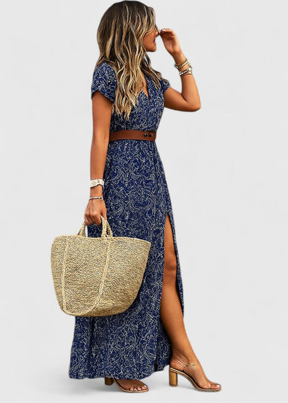 Effortless Floral Wrap Maxi Dress for Women with V-Neck Cap Sleeve Side Slit