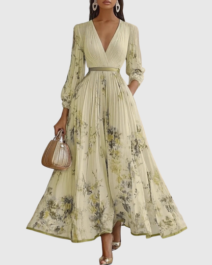 Elegant Floral Pleated Maxi Dress for Women with Deep V-Neck Sleeveless Belted Formal Wedding Guest Style