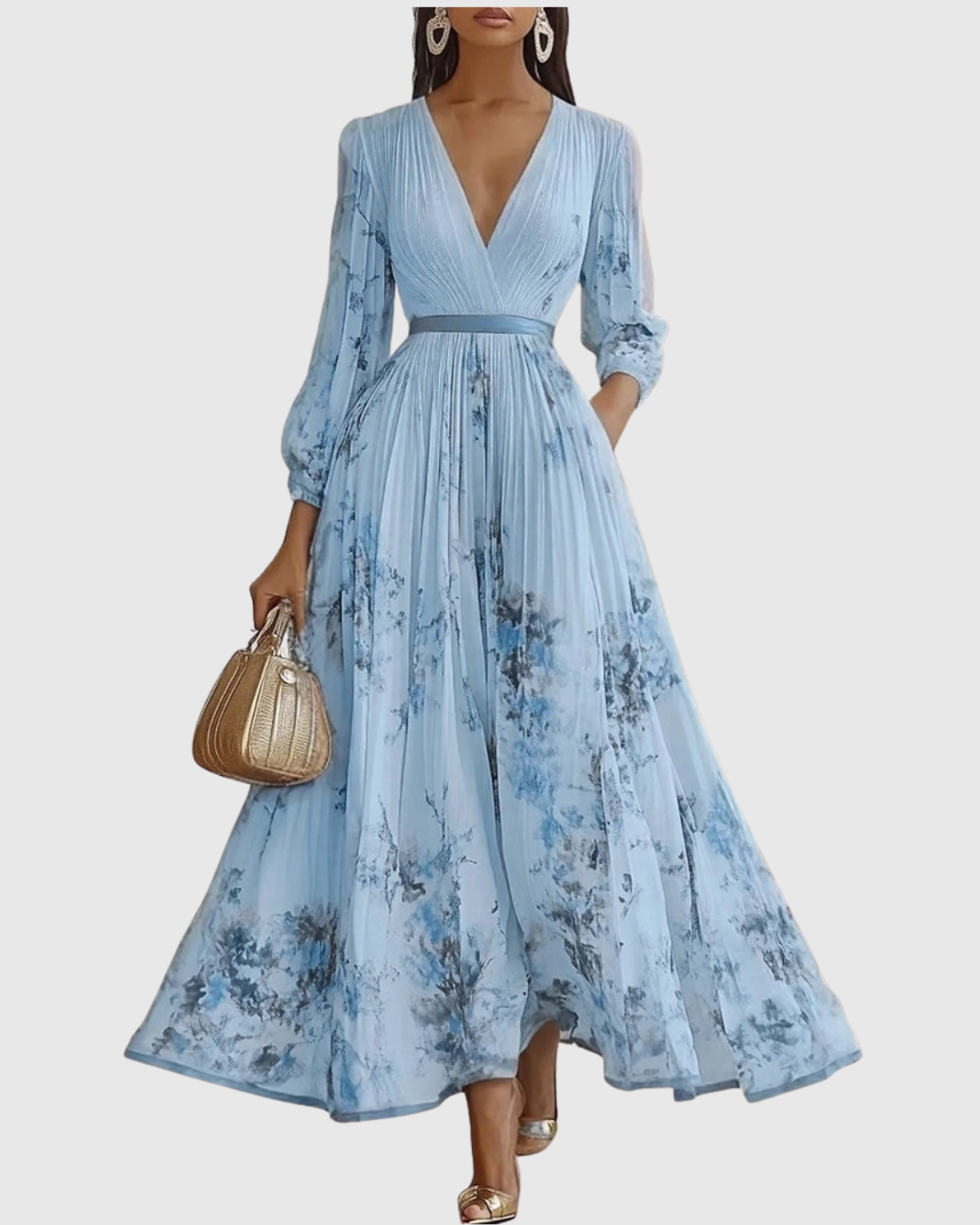 Elegant Floral Pleated Maxi Dress for Women with Deep V-Neck Sleeveless Belted Formal Wedding Guest Style