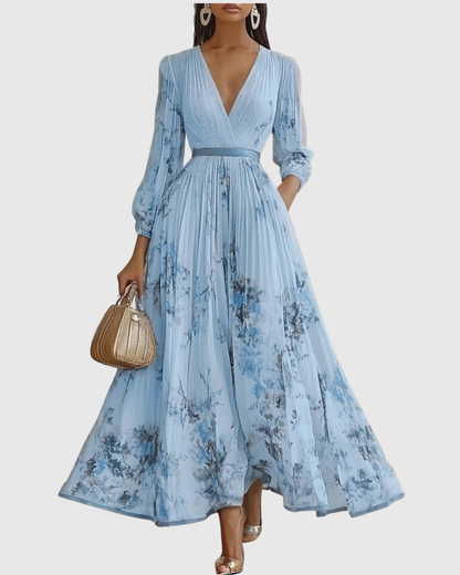 Elegant Floral Pleated Maxi Dress for Women with Deep V-Neck Sleeveless Belted Formal Wedding Guest Style