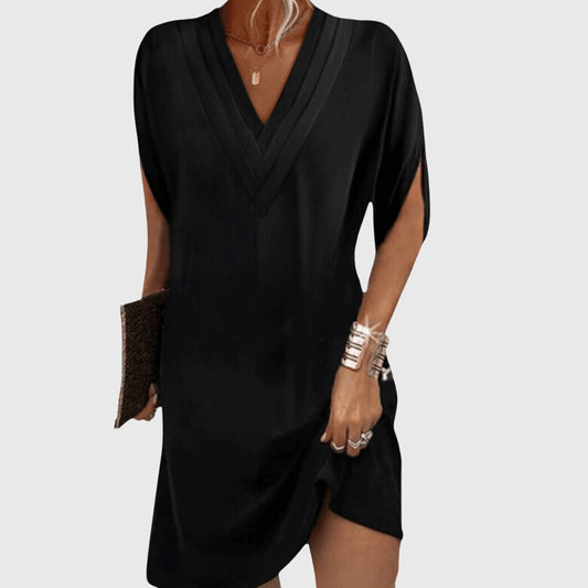 Effortless Black Mini Dress for Women with V Neck Batwing Split Sleeve Casual Style
