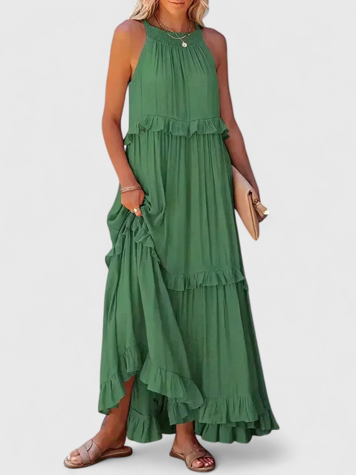 Effortless Ruffle Maxi Dresses for Women with Halter Neck Sleeveless Two Tone Casual Sundress Style