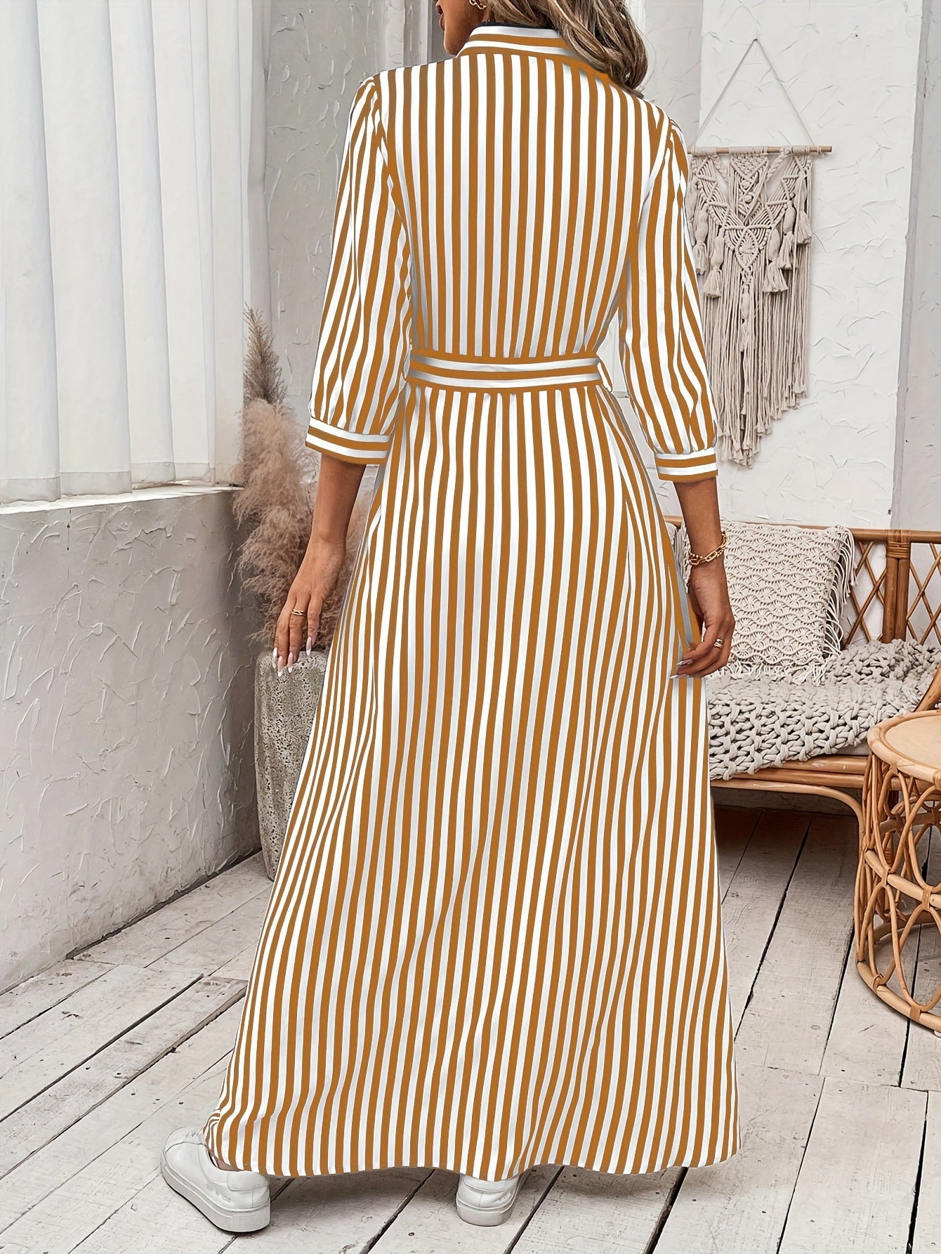 Effortless Striped Maxi Dress for Women with Collared Belted