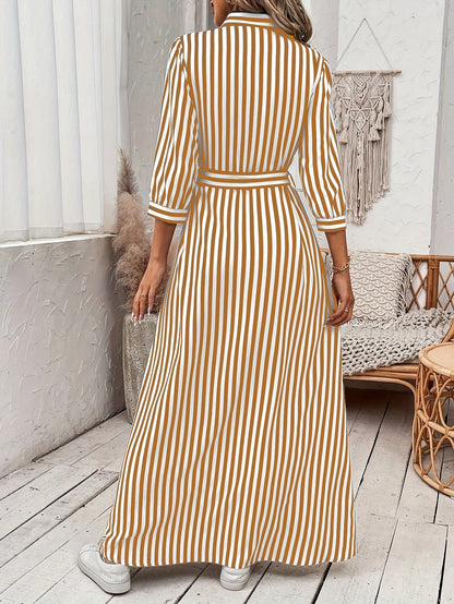 Effortless Striped Maxi Dress for Women with Collared Belted