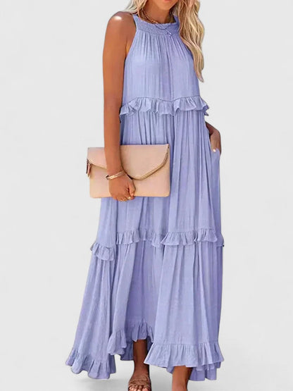Effortless Ruffle Maxi Dresses for Women with Halter Neck Sleeveless Two Tone Casual Sundress Style